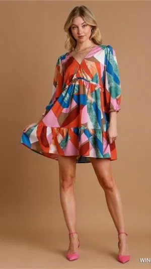 ✨NWT Umgee Abstract V-Neck Tiered Printed Dress‎ thumbnail 1