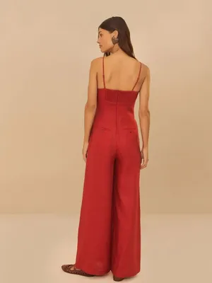 NWT Farm Rio Red 3D Petals Bodice Euroflax Premium Linen Jumpsuit Sz M Wide-Leg thumbnail 3