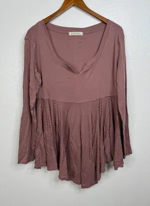 We The‎ Free Free People Mauve Ribbed Mixed Media Peplum Long Sleeve Top Medium thumbnail 1