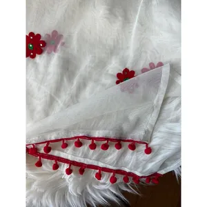 Delicate Floral Embroidered Shawl with Pom-Pom Trim thumbnail 2