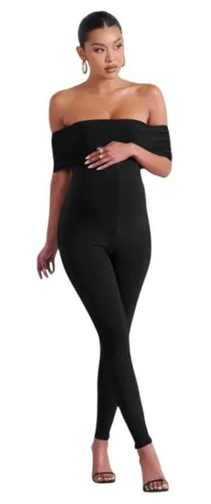 CLUB L LONDON Off The Shoulder Black Maternity Bardot‎ Fitted Jumpsuit thumbnail 1
