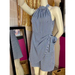 Blue and White Striped Halter Wrap Mini Dress Side Tie High Neck Nautical Summer thumbnail 8