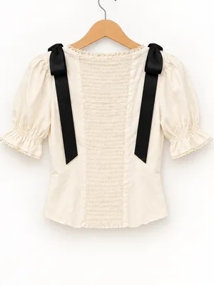 Reformation Inara Top Cream Gossamer Puff Sleeve Black Ribbon Bow Top Size 0 thumbnail 5