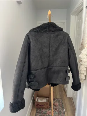 Sebby Black Washed Black Teddy Lined Aviator Bomber Style Full Zip Jacket M thumbnail 4