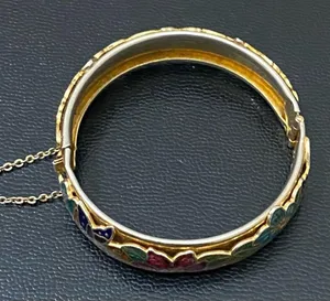 Vintage Unsigned Gold-tone Floral Flower Cloisonne Hinged Bangle Bracelet 36.2g thumbnail 6