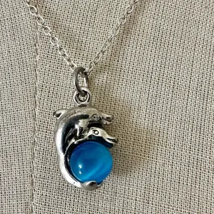 Vintage Dolphin Pendant Necklace with Blue Glass Orb thumbnail 4