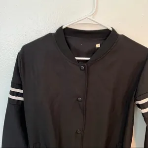 Women's Size Medium Stand Collar‎ Buttons Crop Coat Black White Long Sleeve Snap thumbnail 4