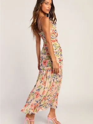 Lulus Stunning Soiree Blush Pink Floral Print Ruched Midi Dress small thumbnail 2