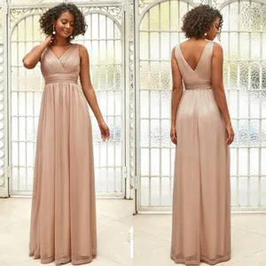 Ever Pretty Wedding Bridesmaid V Neck Floor Length Nude Sparkly Shimmer Tulle Maxi Dress thumbnail 2