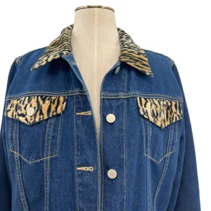 Vintage Playboy Leopard Trim Denim‎ Jacket Y2K Cropped Jean Jacket Size Large thumbnail 3