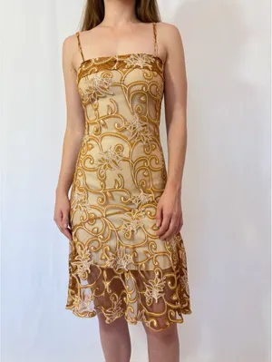 Gold Paisley Swirly Mesh Overlay Vintage Square Neck Formal Dress thumbnail 5