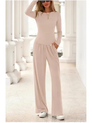 PRETTYGARDEN NEW 2 Pc Lounge Set Casual Long Sleeve Shirt Wide Leg Pants Tracksuit XL thumbnail 7