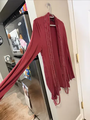 BKE Boutique Buckle Burgundy Fringe Duster Cardigan M thumbnail 4
