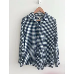 Lands’ End top size Medium blue white gingham checkered flannel thumbnail 3