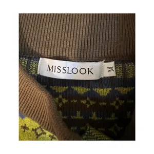 Misslook Sweater Size M Green Brown Fair Isle Button Up Cardigan Long Sleeve Y2K thumbnail 2