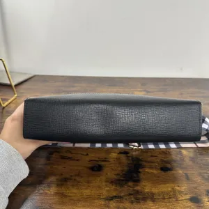 Burberry Vintage Clutch Bag Medium Black Leather Check Canvas Strap Hardware thumbnail 9