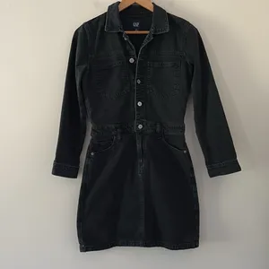 GAP Denim Mini Dress Long Sleeve Pocket in Black Wash‎ Button Front Size 4 thumbnail 14