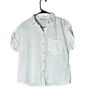 Zara Linen White Button‎ Front Blouse Size Small thumbnail 1