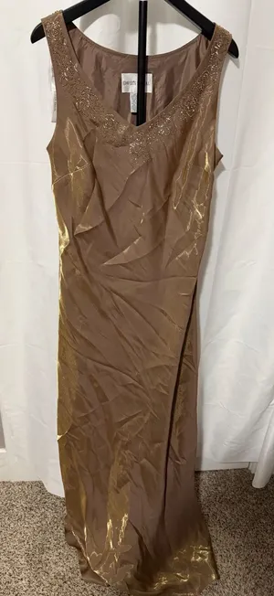 Davids Bridal Bronze Gold Metallic Beaded V-Neck Sleeveless Maxi Evening Gown thumbnail 1