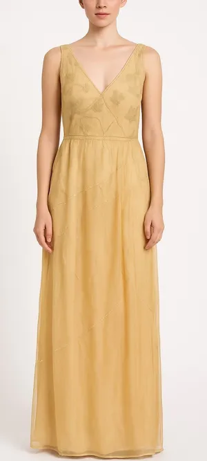 Nataya NWT Gold Embroidered Chiffon Maxi Dress L Edwardian Wedding Fairycore thumbnail 1