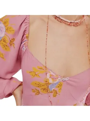 FREE PEOPLE Francesca Mini Babydoll Coqette Dress Floral Pink Puff Long sleeve L thumbnail 4