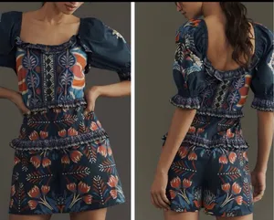Farm Rio Puff-Sleeve Ruffled Floral Cotton Romper, Size S/M thumbnail 2