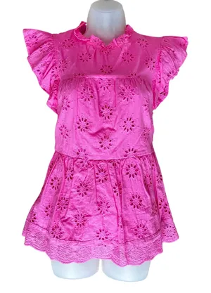 Entro Pink Eyelet Embroidered Cotton Top Flutter Sleeve Ruffle Small Fairy thumbnail 1