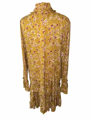 Pink Diamond Mustard Floral Ruffled Tiered Dress NWT Bohemian Mini Peasant M thumbnail 3