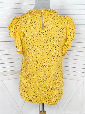 Loft Floral Flutter Sleeve Ruffle‎ Collar Blouse Top Yellow Small Cottageore thumbnail 4