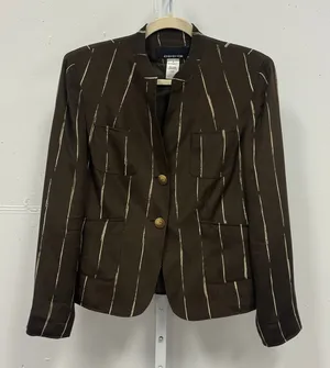 Jones New York Silk Pinstripe Blazer Stand Collar Jacket Size 6 Brown Classic thumbnail 1