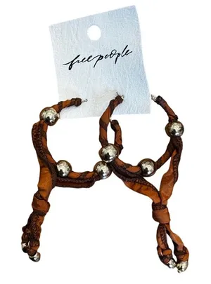 Free People Wrapped Ribbon Hoop Earrings NWT Brown and Silver Tone Beads Boho thumbnail 1