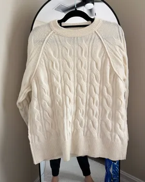 aerie Cream Cable Knit Crewneck Sweater thumbnail 1
