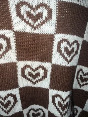 Brown and Cream Heart-Check Distressed oversized V-Neck Sweater thumbnail 4