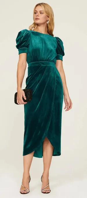 Yumi Kim Tamra Green Velvet Puff Sleeve Faux Wrap Midi Cocktail Dress Size Small thumbnail 1