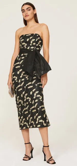 RTR Sz 4 Shoshanna Valerie Black Gold Leaf Strapless Bow Waist Midi Dress thumbnail 1