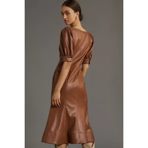 NWT By Anthropologie Vegan Leather Puff Sleeve Zip Front Midi Dress Size 2 Brown thumbnail 5