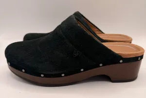 Vionic Kacie Black Suede Studded Wood Platform Clogs Mules Womens 8 VW18254 thumbnail 1