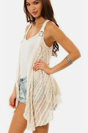 NWT Free People Women's Pretty Cool Boho Mixed Media Ivory Combo Vest‎ Duster thumbnail 1