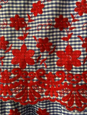 Entro Cotton Gingham Fit & Flare Dress Red Floral Lace Embroidered Sz. L thumbnail 9