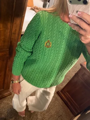 Lauren Ralph Lauren Green Cable Knit Crest Sweater 100% Cotton Size Small thumbnail 1