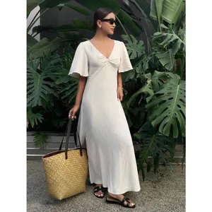 SHEIN Beige Twist Front Flutter‎ Sleeve V-Neck Maxi Dress Side Slit Size Large thumbnail 7