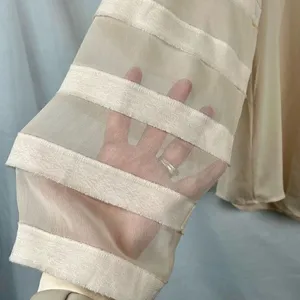 LOFT Women’s Cream Blouse Sheer Striped Sleeves Large thumbnail 2