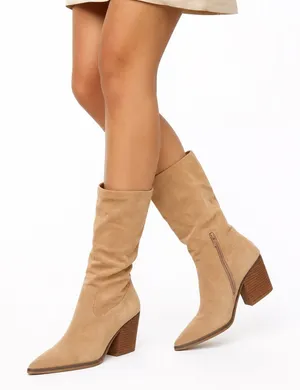 Oasis Society Womens Tan Faux Suede Pointed Toe Block Heel Knee High Boots 8.5 thumbnail 1