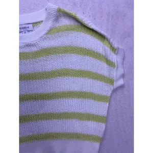 EVEREVE Short Sleeve Sweater Womens XS White Lime Striped Cotton Knit Pullover thumbnail 5