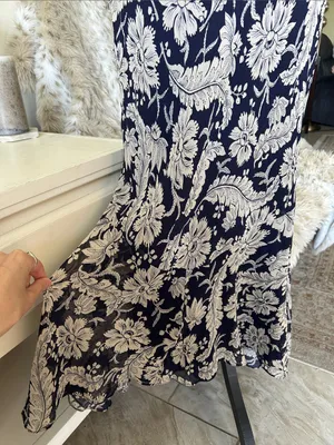Ralph Lauren Vtg navy beige boho western country floral pull on midi skirt 10 L thumbnail 3