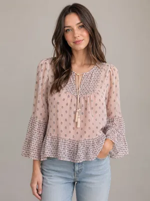 Abercrombie & Fitch flowy boho light pink print tassel top blouse medium thumbnail 1