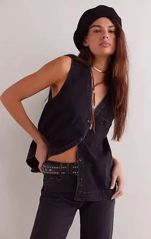 Free People We The Free Women’s Black Denim Southside Vest Size Small thumbnail 1