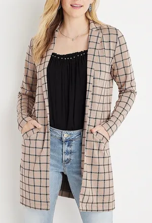 Maurices Plaid Duster Blazer Tan & Black Open Front Collared thumbnail 1