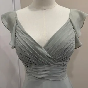 JJ's House‎ Soft Sage Green Chiffon Pleated V-Neck Flutter Sleeve Gown Bridal XS thumbnail 3