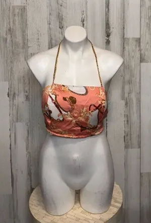 Penelope Boutique Satin Chain Halter Crop Top Pink Baroque Scarf Tie Back – Size thumbnail 1